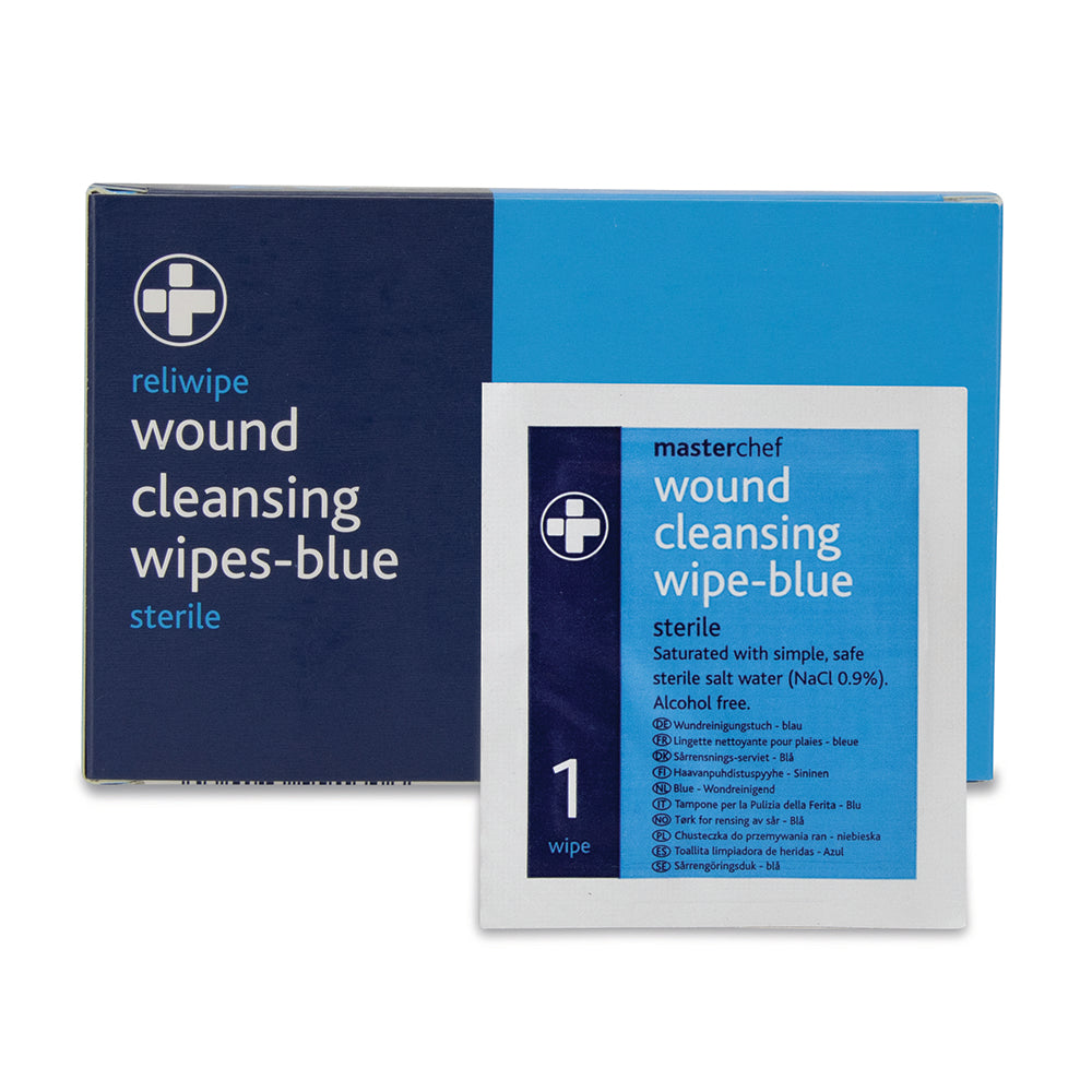 Masterchef Saline Wound Cleansing Wipes - Blue - Box of 20 - G&M Medical Supply