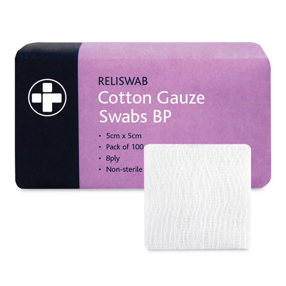 Reliswab Cotton Gauze Swabs BP - 8 Ply - 5cm x 5cm - Pack of 100 - G&M Medical Supply