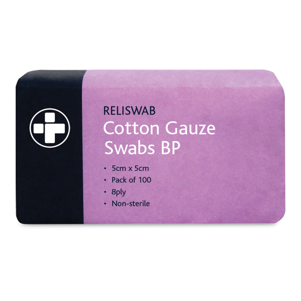 Reliswab Cotton Gauze Swabs BP - 8 Ply - 5cm x 5cm - Pack of 100 - G&M Medical Supply
