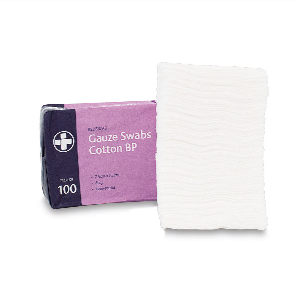 Reliswab Cotton Gauze Swabs BP - 8 Ply - 7.5cm x 7.5cm - Pack of 100 - G&M Medical Supply