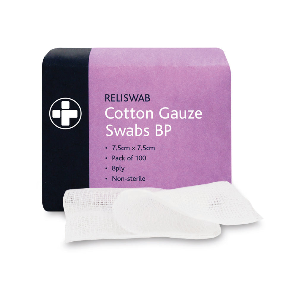 Reliswab Cotton Gauze Swabs BP - 8 Ply - 7.5cm x 7.5cm - Pack of 100 - G&M Medical Supply