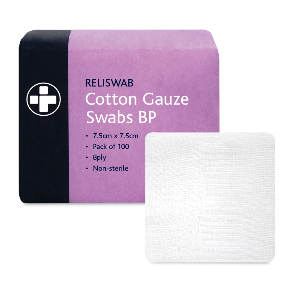Reliswab Cotton Gauze Swabs BP - 8 Ply - 7.5cm x 7.5cm - Pack of 100 - G&M Medical Supply
