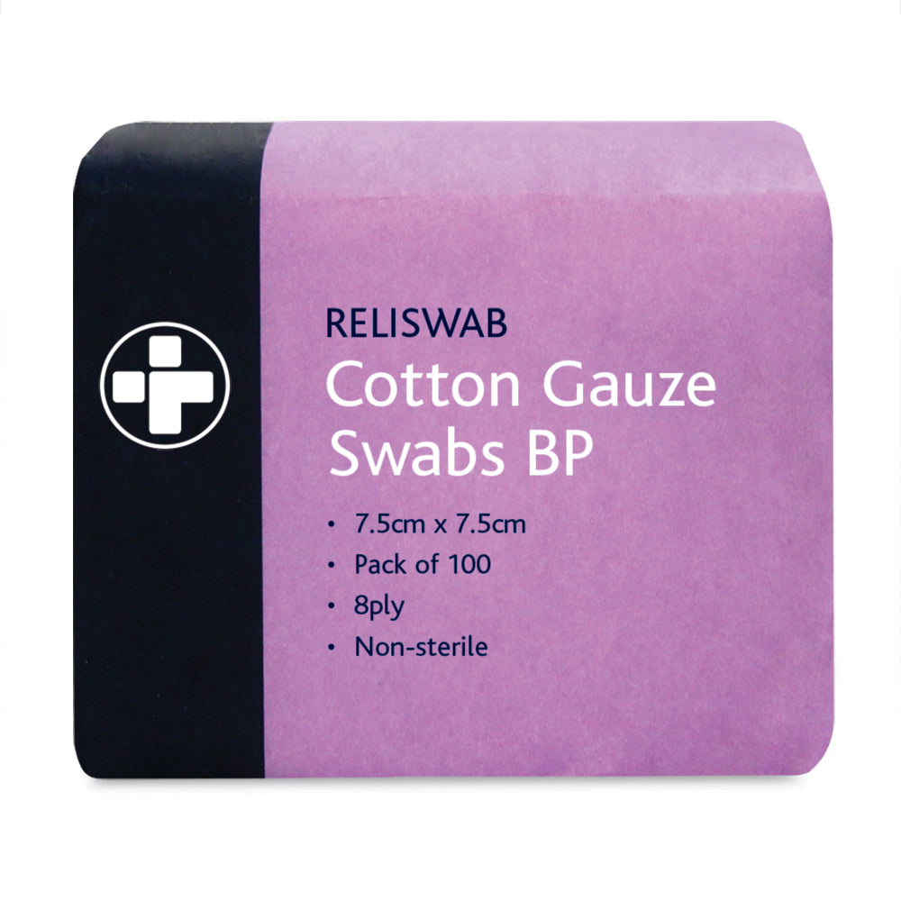 Reliswab Cotton Gauze Swabs BP - 8 Ply - 7.5cm x 7.5cm - Pack of 100 - G&M Medical Supply
