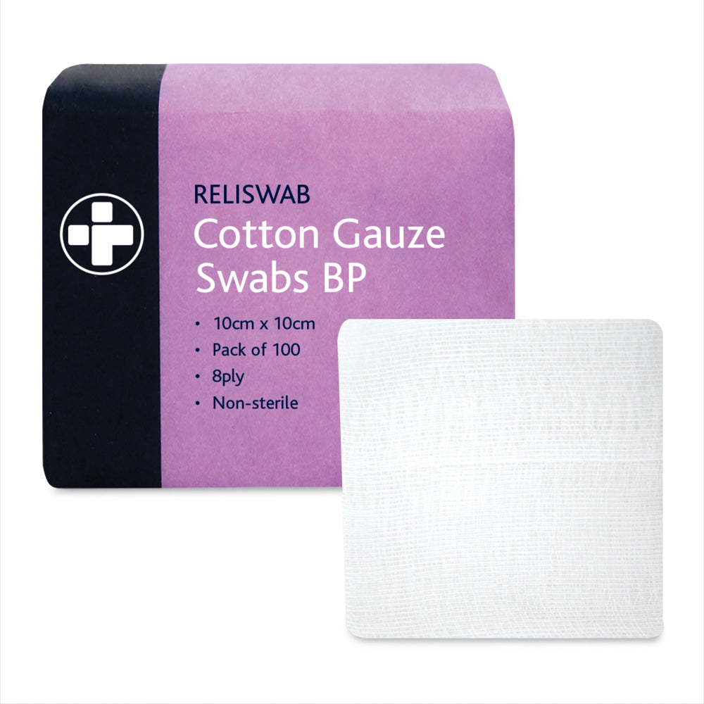 Reliswab Cotton Gauze Swabs BP - 8 Ply - 10cm x 10cm - Pack of 100 - G&M Medical Supply