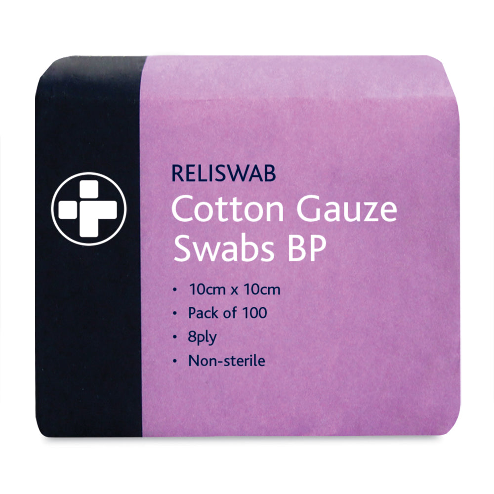 Reliswab Cotton Gauze Swabs BP - 8 Ply - 10cm x 10cm - Pack of 100 - G&M Medical Supply