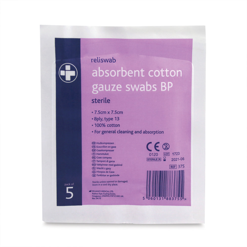 Reliswab Absorbent Cotton Gauze Swabs BP - 8 Ply - 7.5cm x 7.5cm - Pack of 5 - G&M Medical Supply