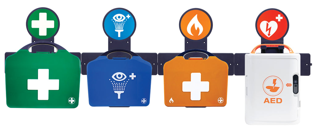 AuraPoint - 4 Unit Point - Large BS8599-1 First Aid Kit, Double Eyewash Station, Burn Kit and Mediana A16 Core HeartOn AED (English/Welsh/Polish) - SEMI AUTOMATIC - G&M Medical Supply