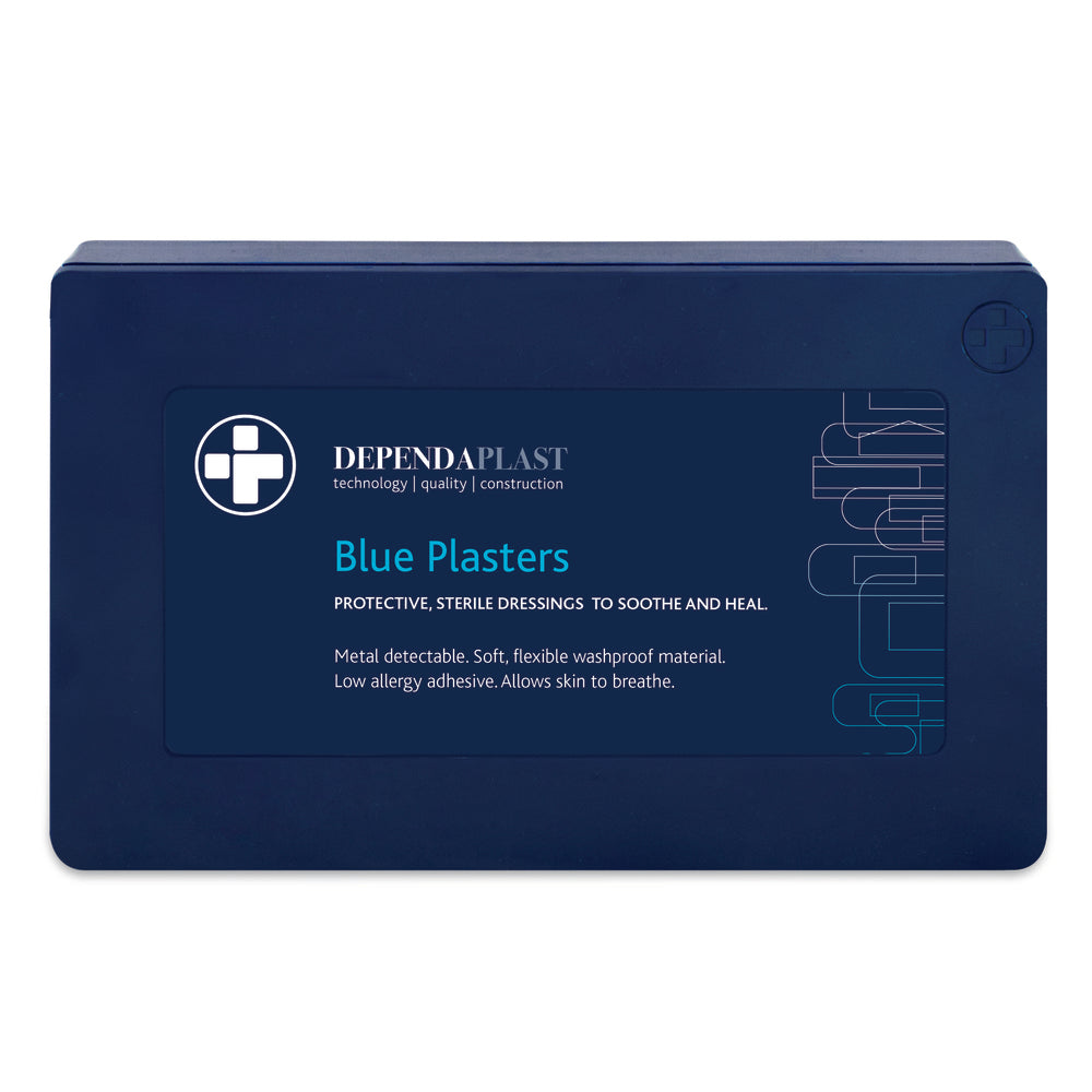 Dependaplast - Metal Detectable Washproof Plasters - Assorted - Blue - Plastic Box of 120 - G&M Medical Supply