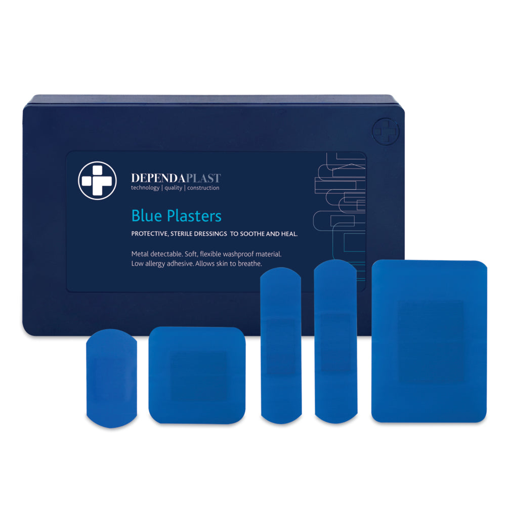 Dependaplast - Metal Detectable Washproof Plasters - Assorted - Blue - Plastic Box of 120 - G&M Medical Supply