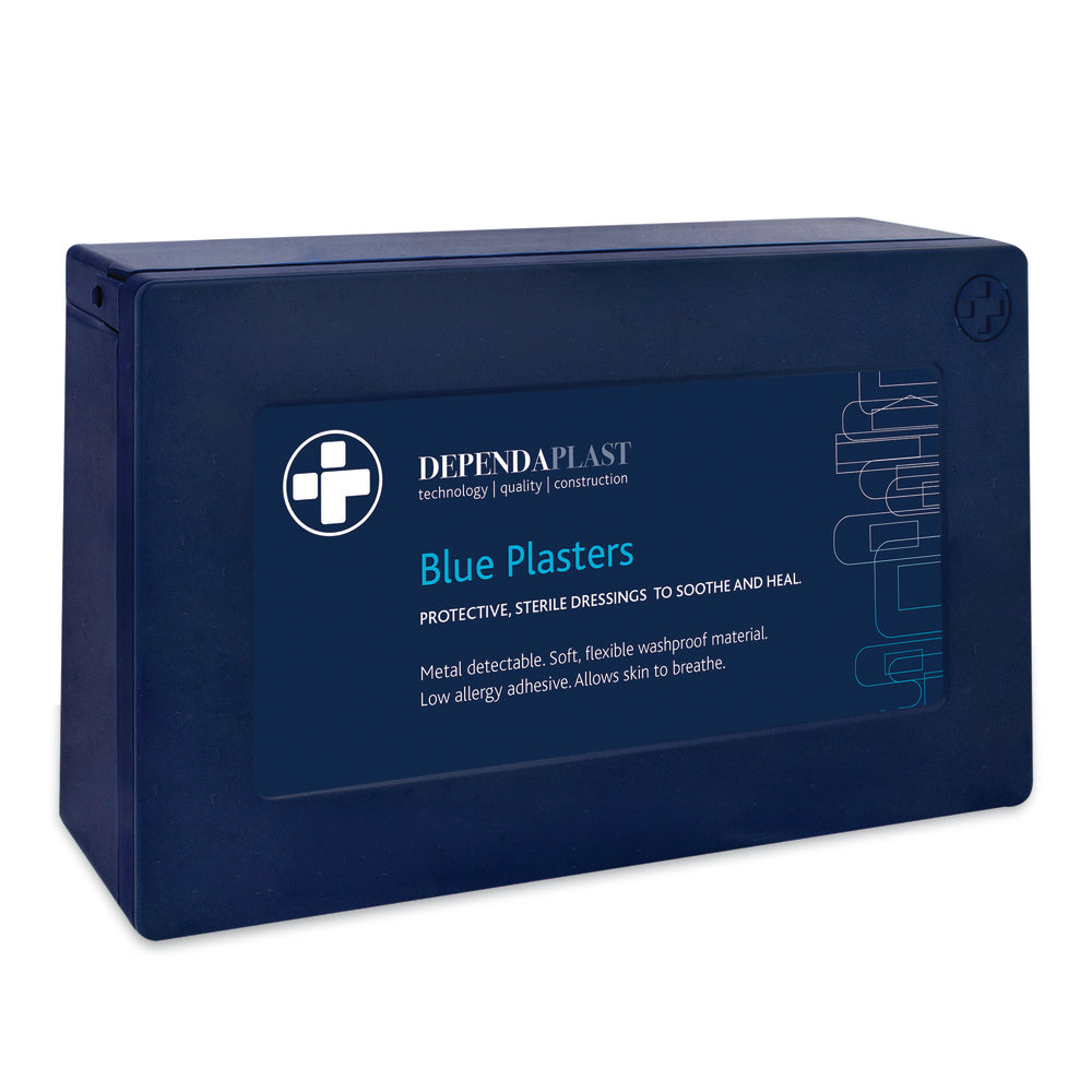 Dependaplast - Metal Detectable Washproof Plasters - Assorted - Blue - Plastic Box of 120 - G&M Medical Supply