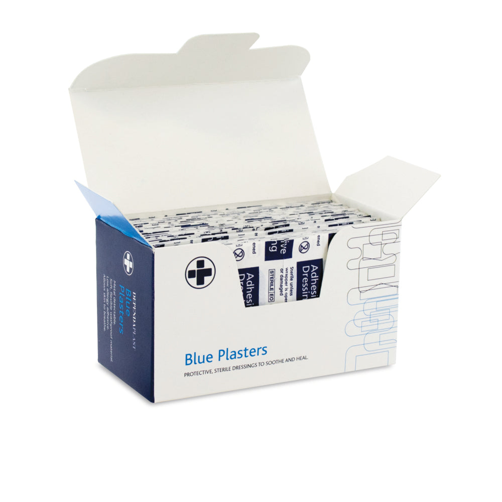 Dependaplast - Metal Detectable Washproof Plasters - 4cm x 2cm - Blue - Box of 100 - G&M Medical Supply