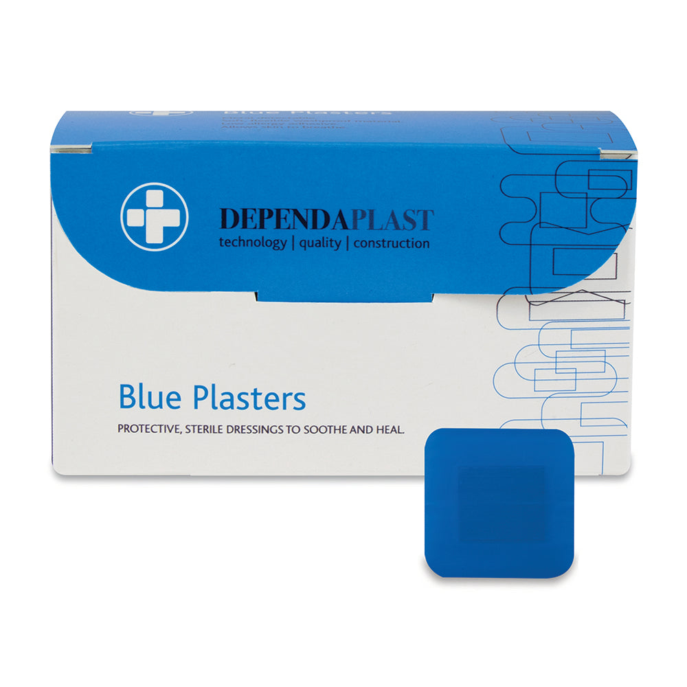 Dependaplast - Metal Detectable Washproof Plasters - 4cm x 4cm - Blue - Box of 100 - G&M Medical Supply
