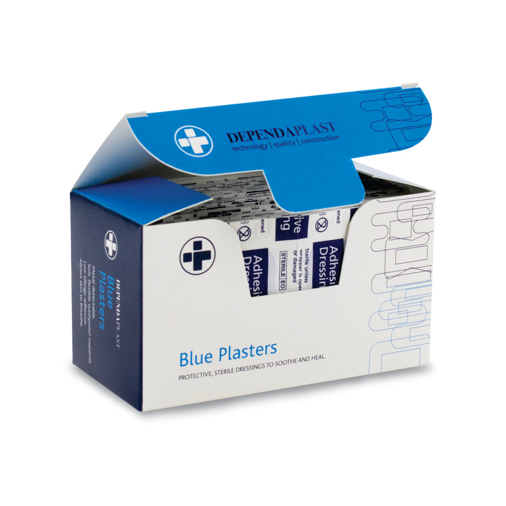 Dependaplast - Metal Detectable Washproof Plasters - 4cm x 4cm - Blue - Box of 100 - G&M Medical Supply