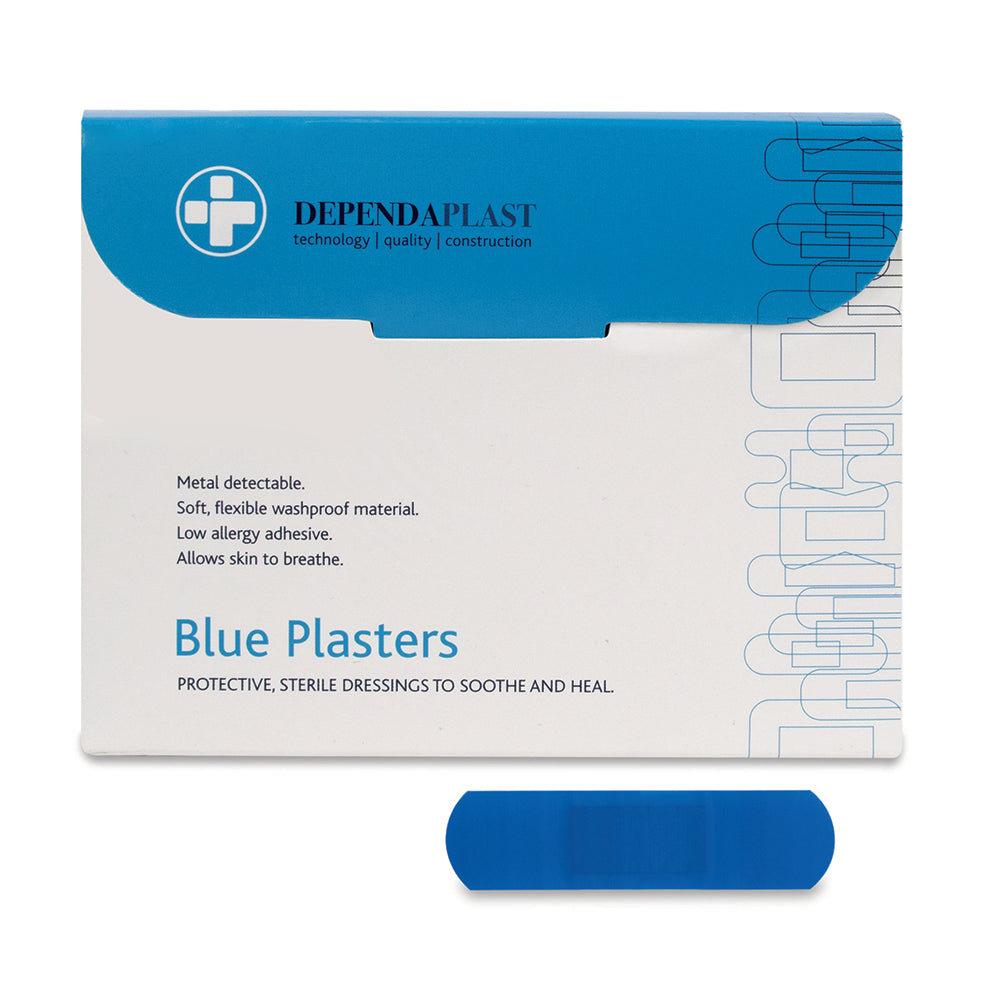 Dependaplast - Metal Detectable Washproof Plasters - 7cm x 2cm - Blue - Box of 100 - G&M Medical Supply