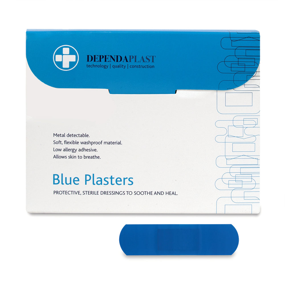 Dependaplast - Metal Detectable Washproof Plasters - 7.5cm x 2.5cm - Blue - Box of 100 - G&M Medical Supply