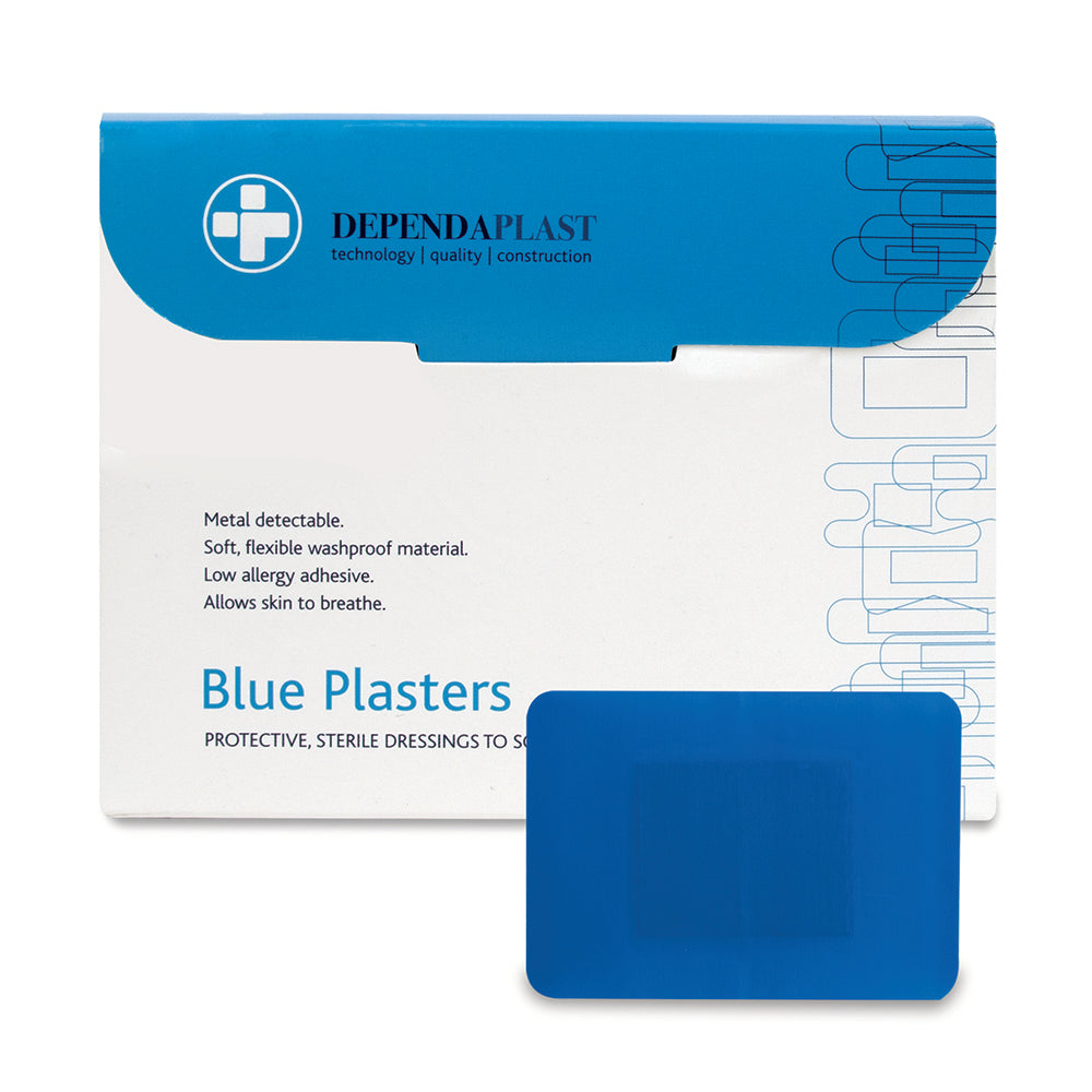 Dependaplast - Metal Detectable Washproof Plasters - 7.5cm x 5cm - Blue - Box of 50 - G&M Medical Supply