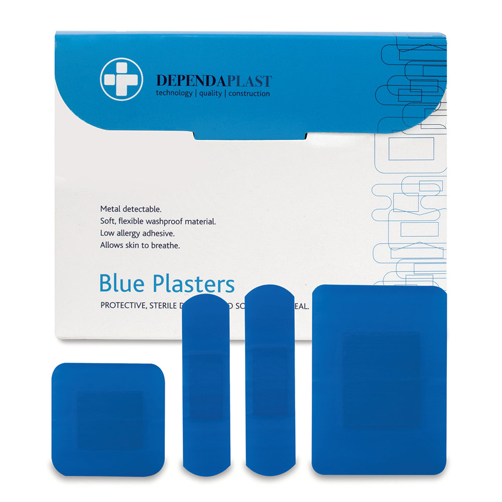 Dependaplast - Metal Detectable Washproof Plasters - Assorted - Blue - Box of 100 - G&M Medical Supply