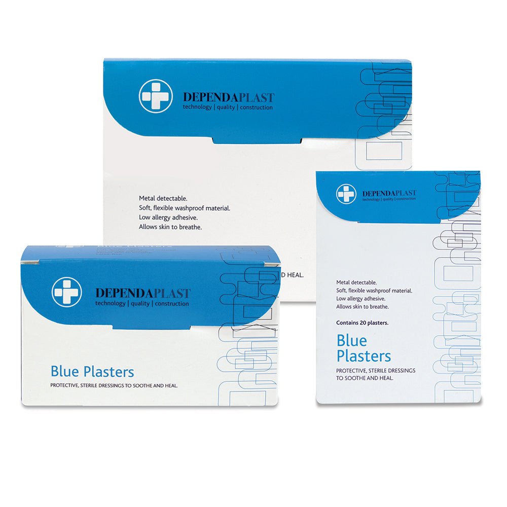 Dependaplast - Metal Detectable Washproof Plasters - Assorted - Blue - Box of 100 - G&M Medical Supply
