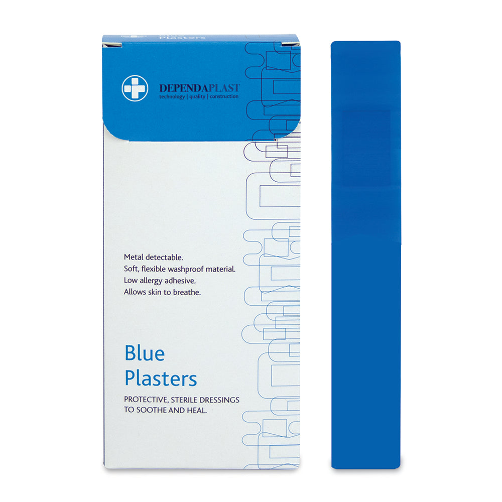 Dependaplast - Metal Detectable Washproof Plasters - 2cm x 12cm - Blue - Box of 50 - G&M Medical Supply