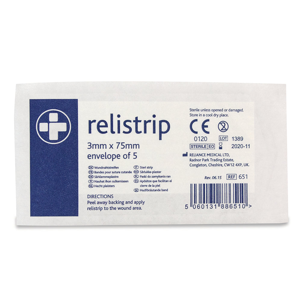 Relistrip Reinforced Skin Closure Strips - 3mm x 75mm - Strip of 5 - G&M Medical Supply