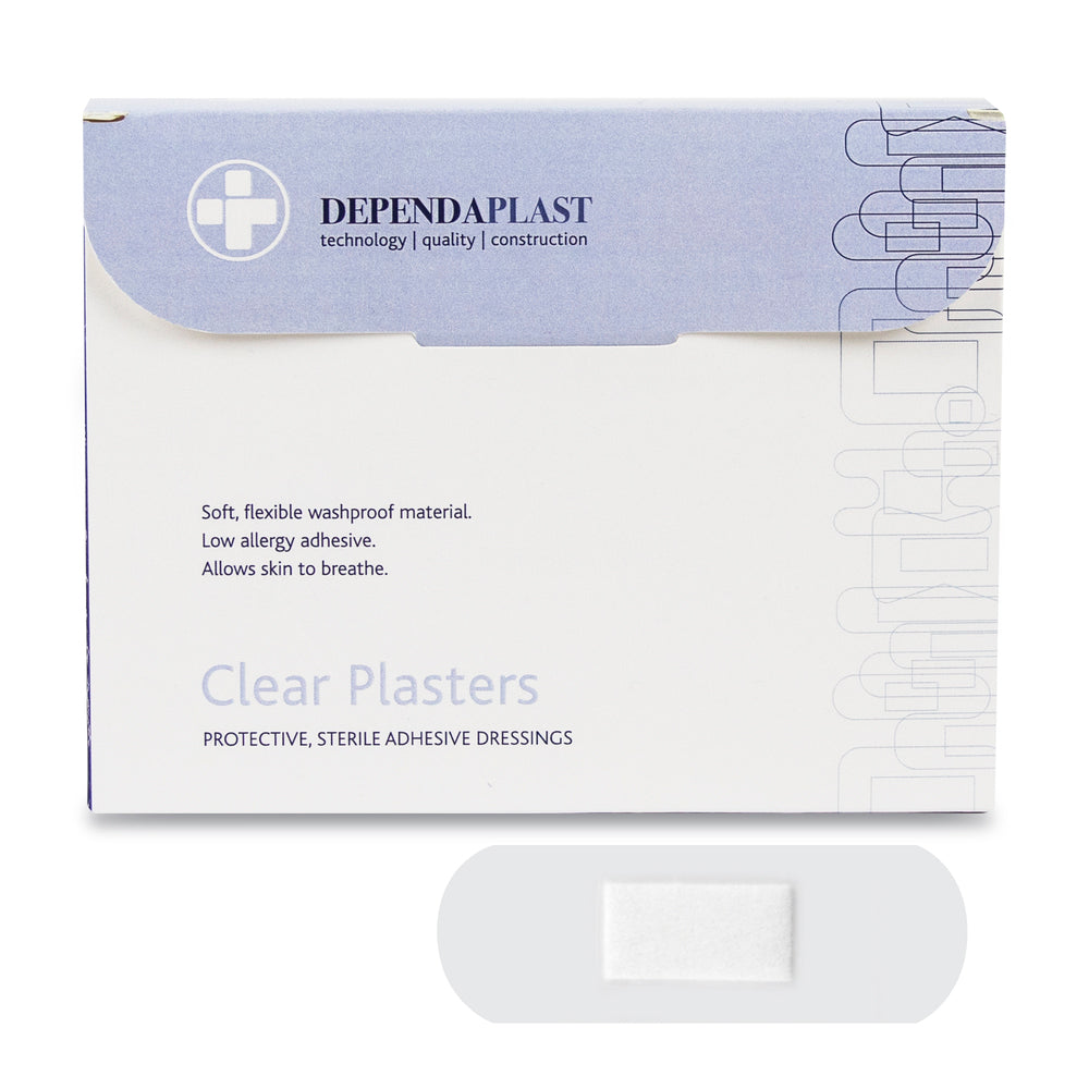 Dependaplast - Washproof Plasters - 7.5cm x 2.5cm - Clear - Box of 100 - G&M Medical Supply