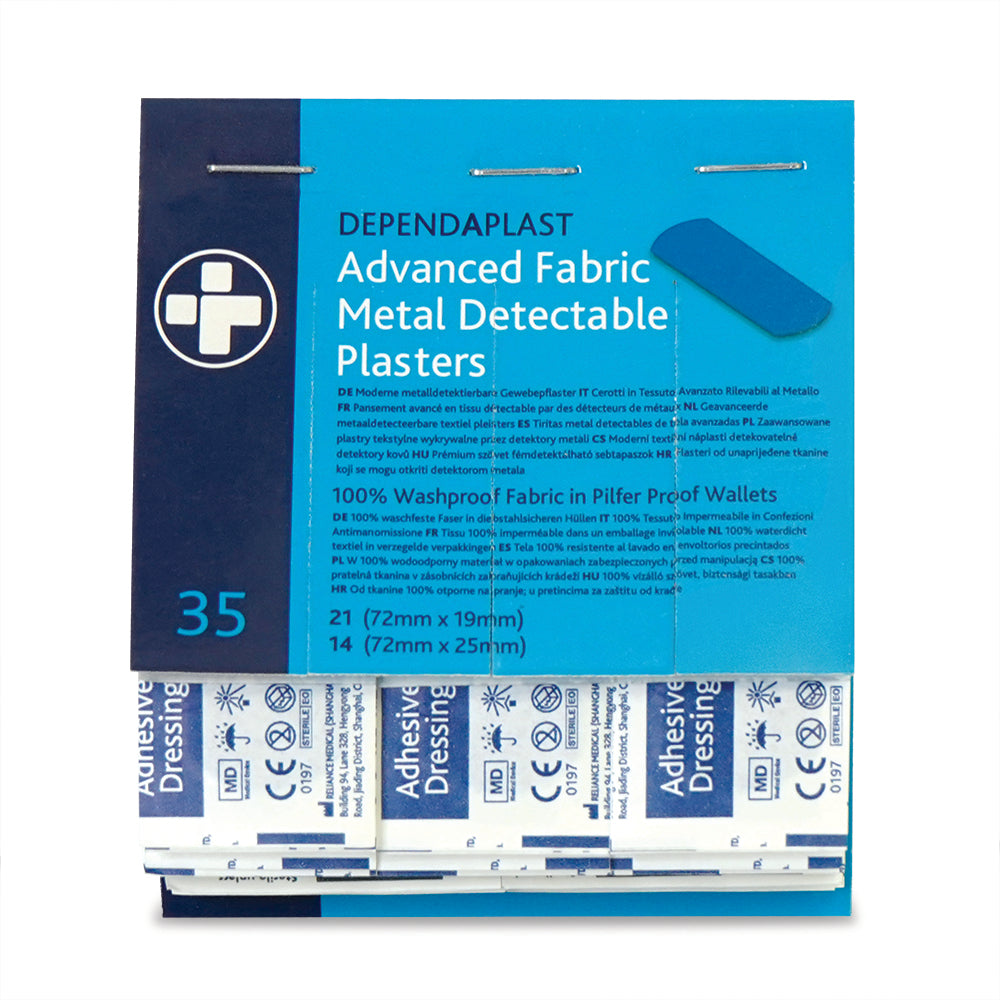 Dependaplast - Advanced Metal Detactable 100% Washproof Fabric Plasters - Assorted - Blue - Pilfer Proof Wallet of 35 - BOX OF 5 - G&M Medical Supply