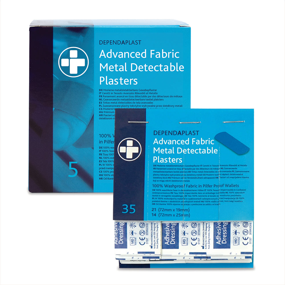 Dependaplast - Advanced Metal Detactable 100% Washproof Fabric Plasters - Assorted - Blue - Pilfer Proof Wallet of 35 - BOX OF 5 - G&M Medical Supply