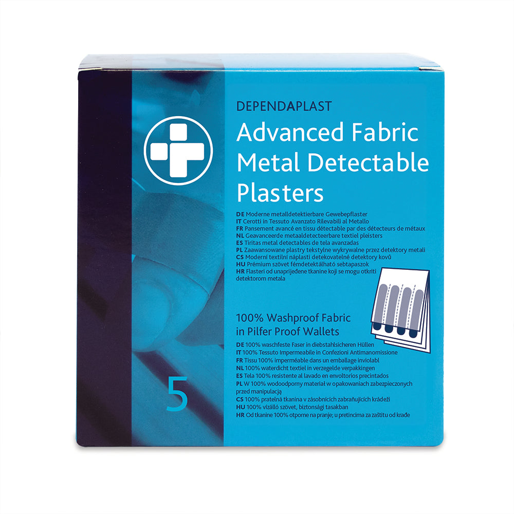 Dependaplast - Advanced Metal Detactable 100% Washproof Fabric Plasters - Assorted - Blue - Pilfer Proof Wallet of 35 - BOX OF 5 - G&M Medical Supply
