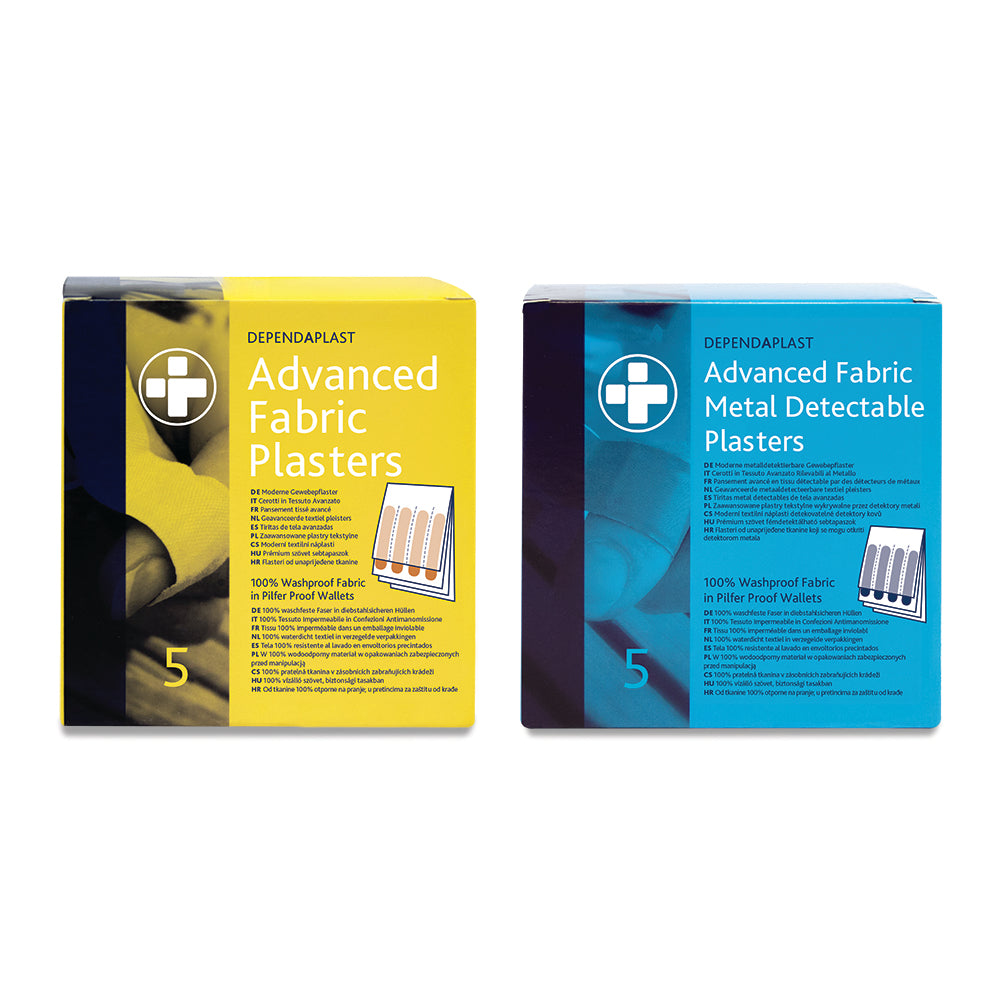 Dependaplast - Advanced Metal Detactable 100% Washproof Fabric Plasters - Assorted - Blue - Pilfer Proof Wallet of 35 - BOX OF 5 - G&M Medical Supply