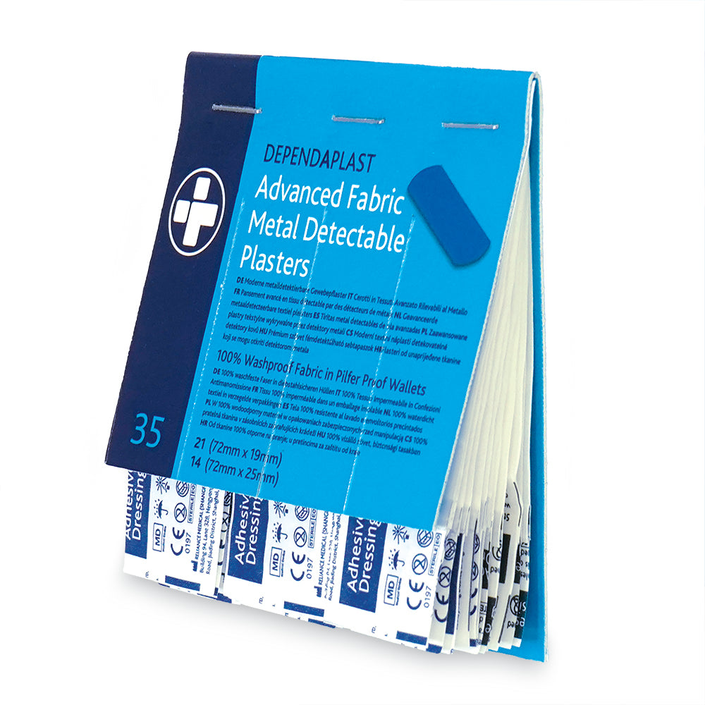 Dependaplast - Advanced Metal Detactable 100% Washproof Fabric Plasters - Assorted - Blue - Pilfer Proof Wallet of 35 - BOX OF 5 - G&M Medical Supply